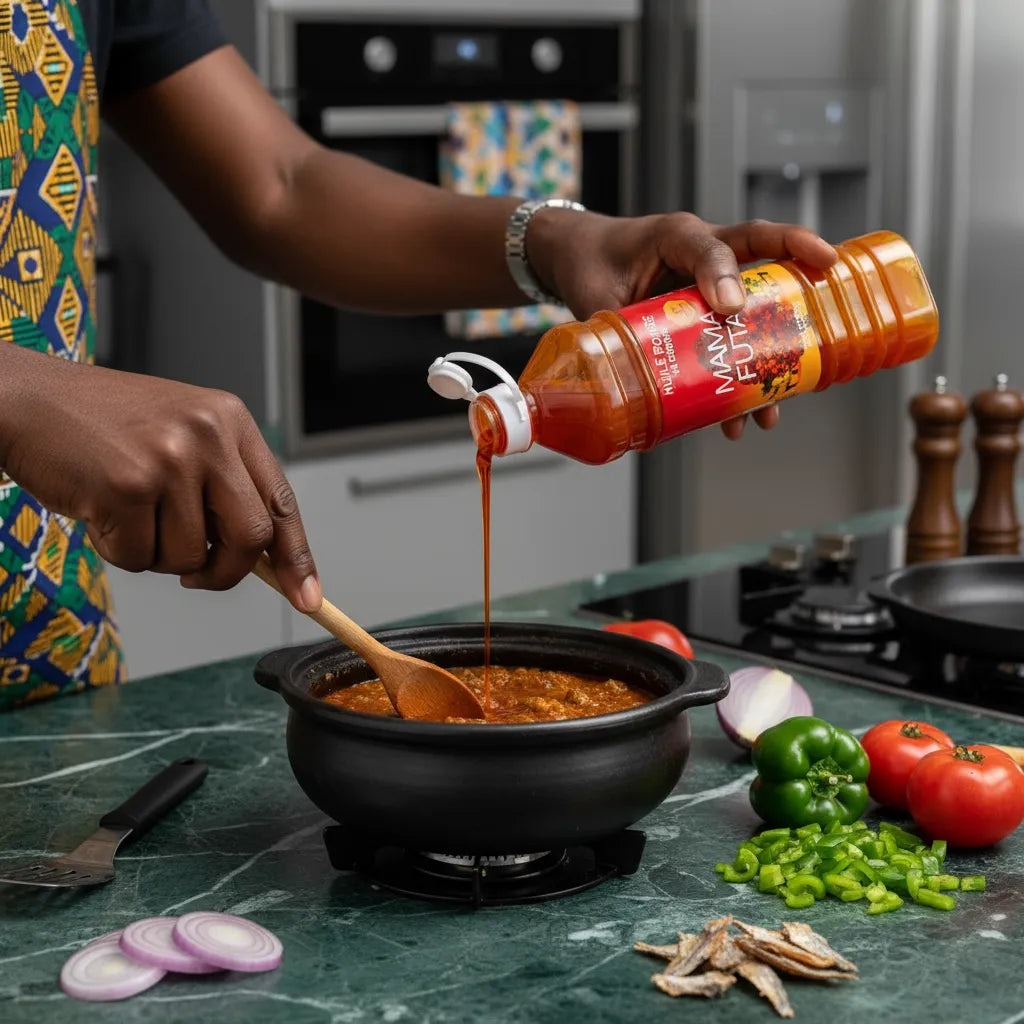 Huile de palme MAMA FUTA versée dans une marmite de sauce. Ingrédient essentiel pour les recettes africaines riches en goût.